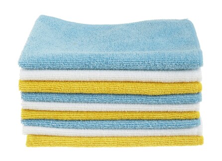 Amazon Basics Microfiber Cleaning Cloths, Non-Abrasive, Reusable and Washable - Pack of 24, 12 x16-Inch, Blue, White and Yellow Blue/White/Yellow 24-Pack Cleaning Cloths