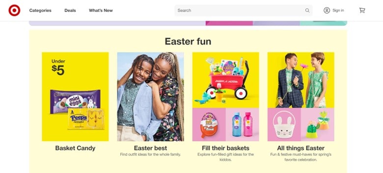 Target’s homepage displaying their Easter Fun selection that consists of candy, baskets, decorations, and clothes
