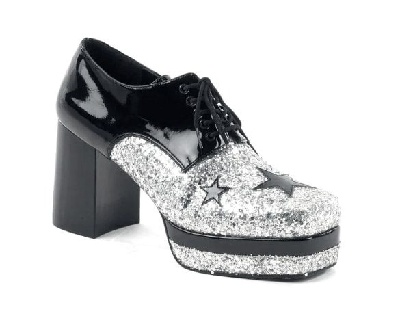 Funtasma’s black and silver-glitter glam rock platform shoes with stars for men