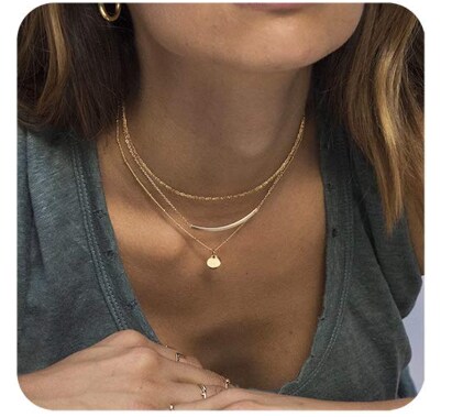 Aisansty Dainty Layered Choker Necklaces Handmade Coin Tube Star Pearl Pendant Multilayer Adjustable Layering Chain Gold Plated Necklaces Set for Women Girls Golden-Coin&Bar Necklace