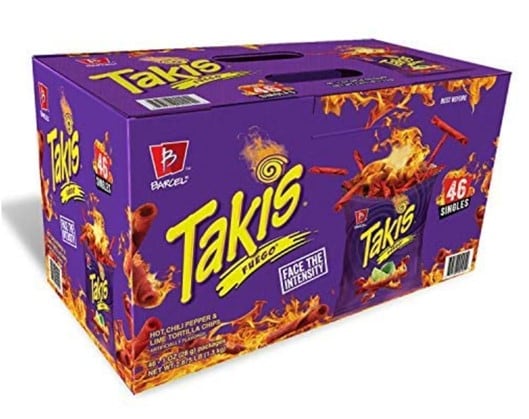 A purple Takis box of 46 singles with its signature yellow logo and takis chips all over