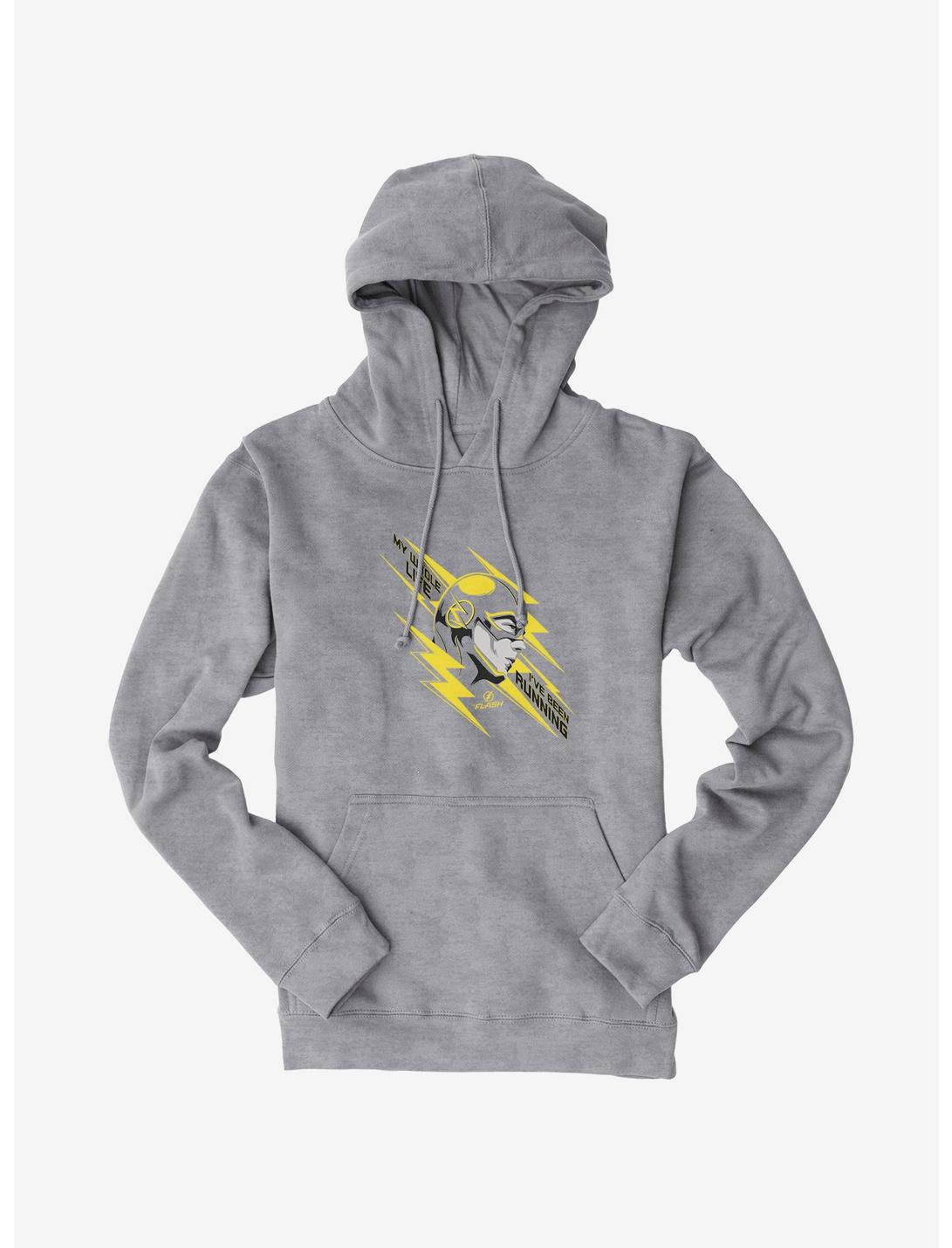 Gray hoodie featuring image of the flash and quote stating my whole life I've been running