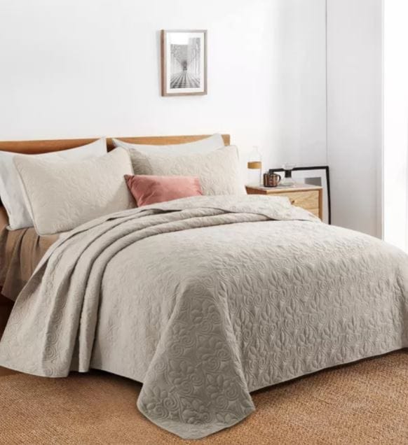 image of queen sized bet with khaki colored 3 piece bed set from unikome
