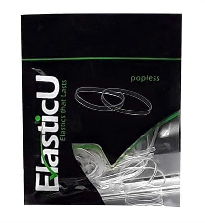 Black package of small clear elastic bands.