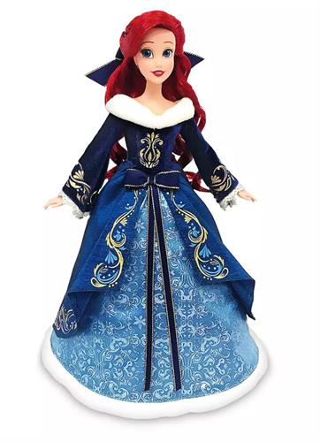 The Little Mermaid Ariel doll dressed in a luxe velvet gown with satin skirts and white faux fur trim