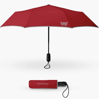 Two red Weatherman Store Travel Umbrellas with black plastic handles in an open and closed position.