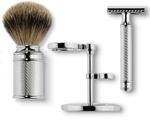 silver tip badger brush, double-edge safety razor and stand.