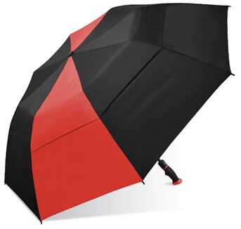 A red and black Weather Station Deluxe Two-Person Umbrella with a rubber grip handle
