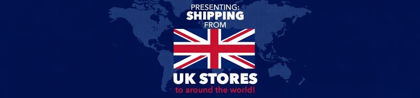 Dark blue background with lighter blue shape of all the countries of the world, UK flag and text saying "Presenting: Shipping From UK Stores to around the world!"