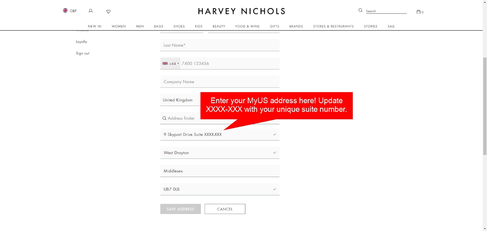 Add MyUS Address to Harvey Nichols Member Checkout