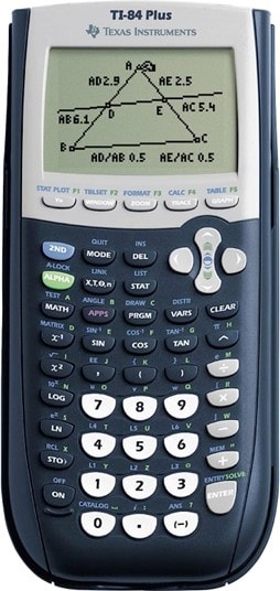 A black Texas Instruments TI-84 Plus graphics calculator with a graph on its display