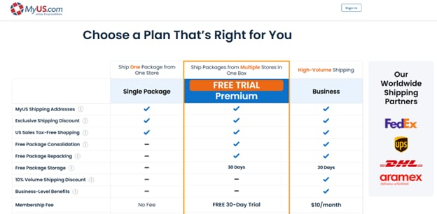 Screenshot of MyUS’ shipping plans