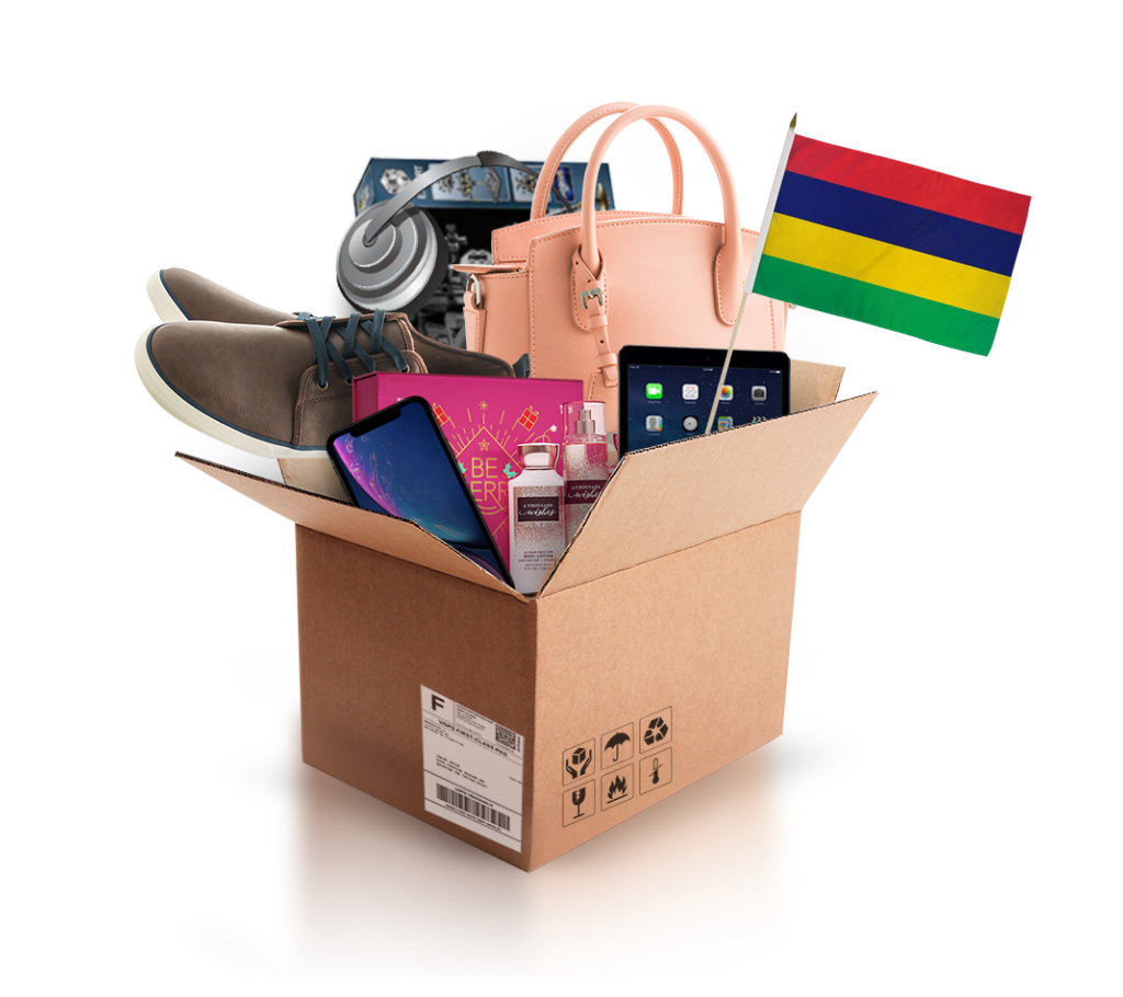 box with various products and the flag of mauritius
