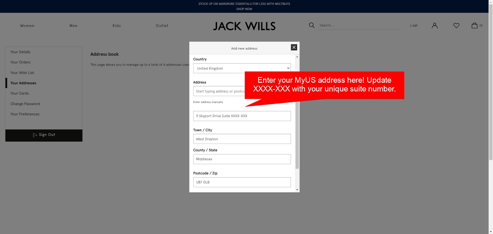 Add MyUS Address to Jack Wills Member Checkout