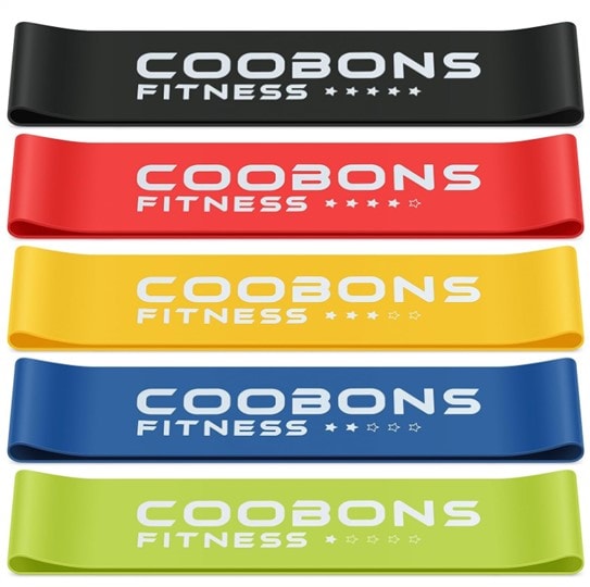 Five Coobons Fitness resistance bands in different colors