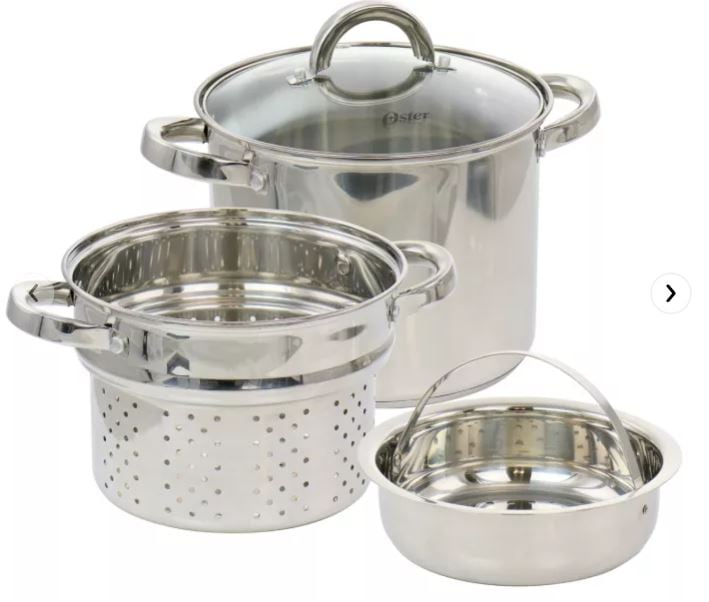 stainless steel pasta pot with steamer insert and basket