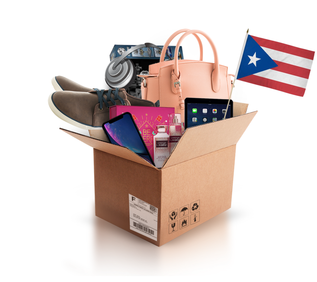 box with various products and the flag of puerto rico