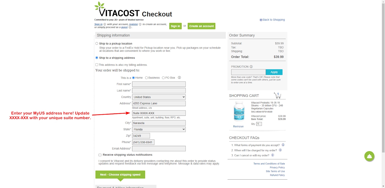 Add MyUS Address to Vitacost Guest Checkout
