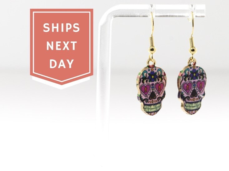 dangle earrings with colorful sugar skull design