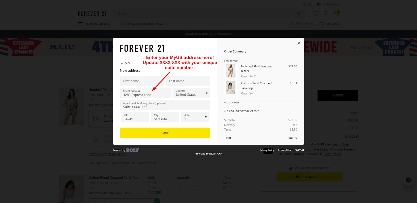 Add MyUS Address to Forever 21 Member Checkout
