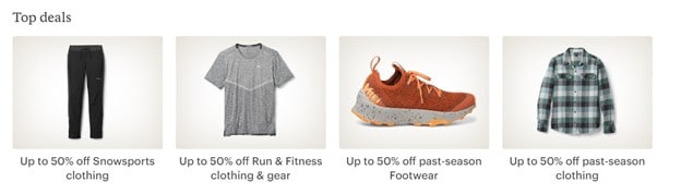 four boxes with items of clothing in them advertising deals