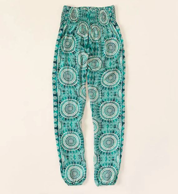 turquoise green lounge pants with circular patterns