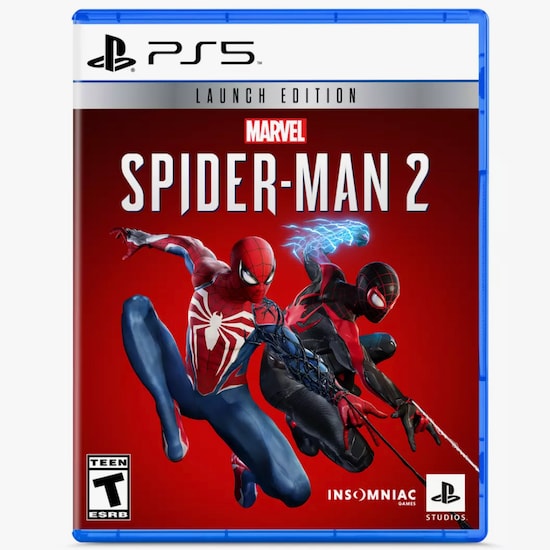 Peter Parker’s Spider-Man and Miles Morales’ Spider-Man in front of the red cover of Insomniac Games’ Marvel’s Spider-Man 2 for the PS5