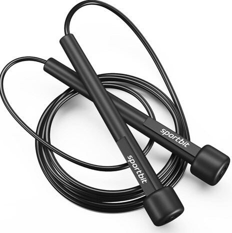 A black Sportbit adjustable jump rope