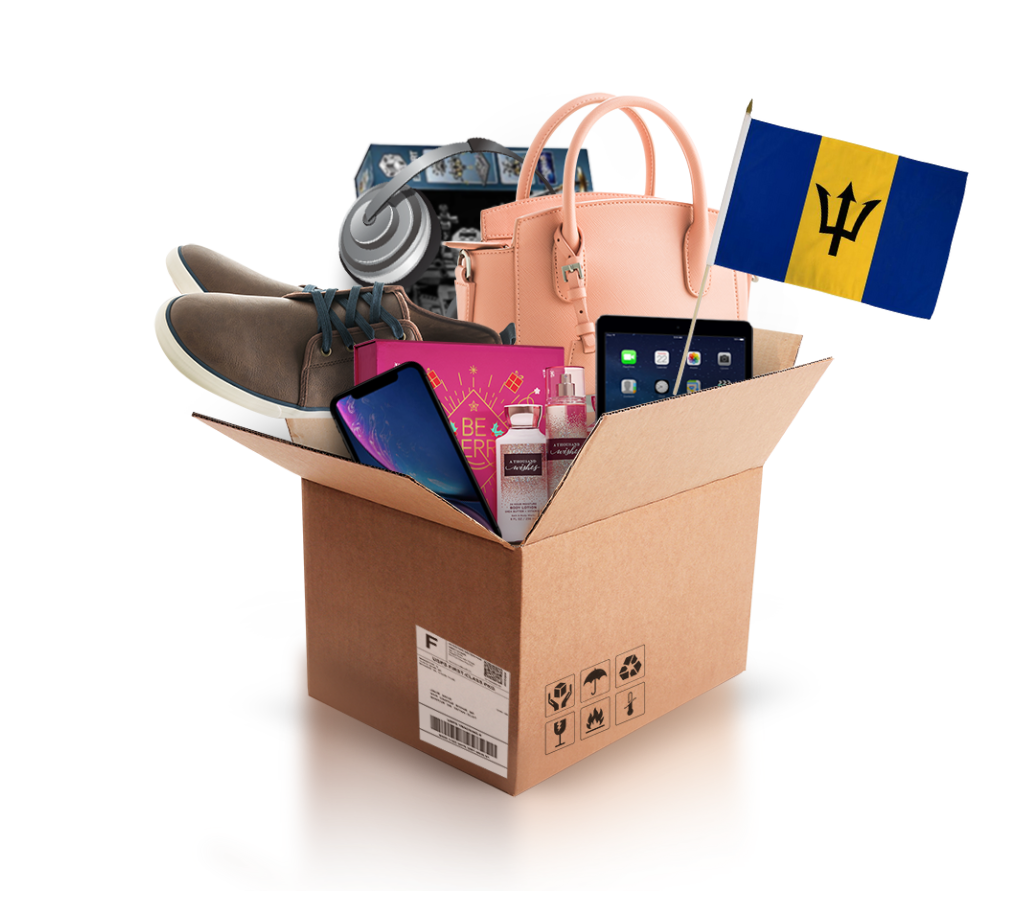 box with various products and the flag of barbados
