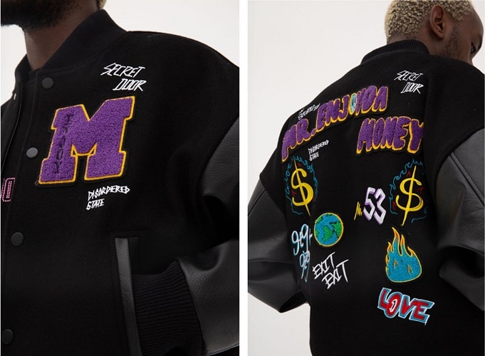 Streetwear black varsity jacket with embroidery on the chest and back