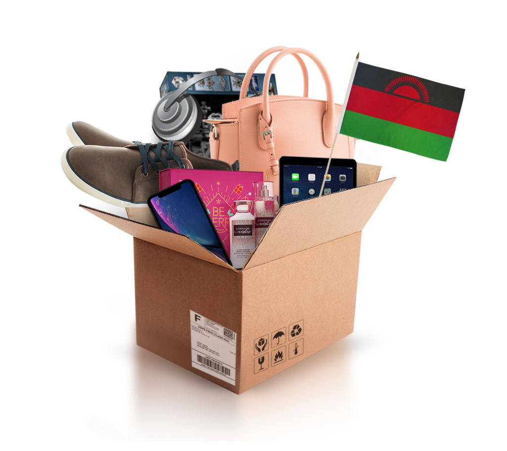 box with various products and the flag of malawi