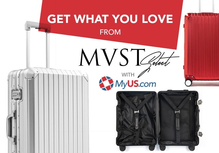 MVST Select and MyUS logos with silver and red ridged luggage, luggage interior shown in black.