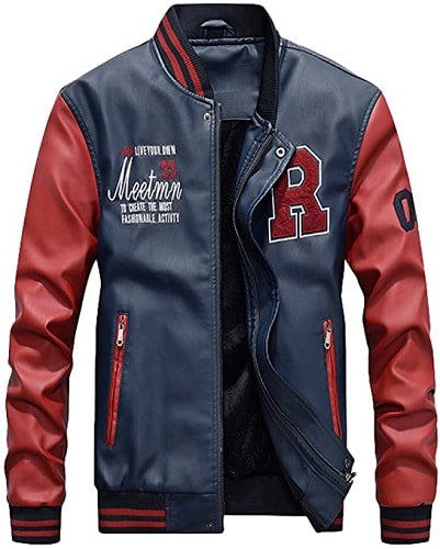 Mordenmiss Leather varsity jacket with a navy blue body and red sleeves and zipper closure