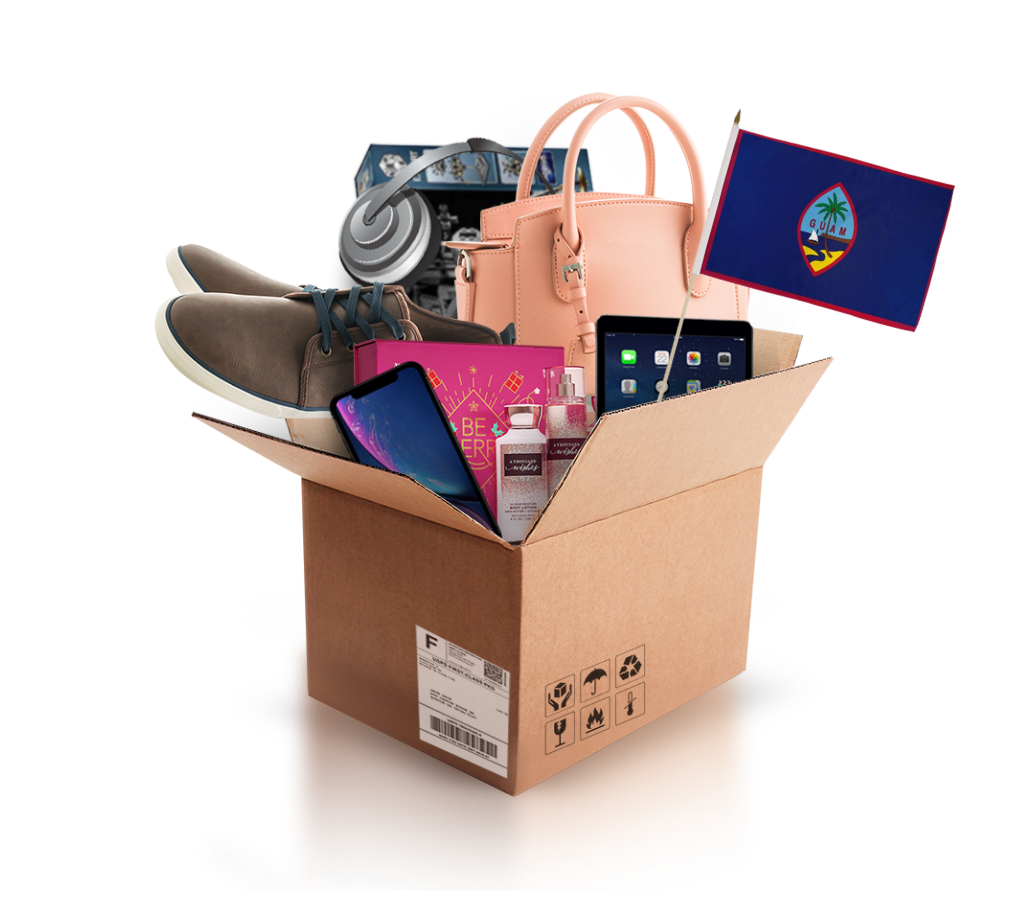 box with various products and the flag of guam
