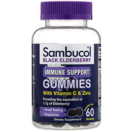 Purple Sambucol Bottle with Black Elderberry Gummies with Vitamin C and Zinc