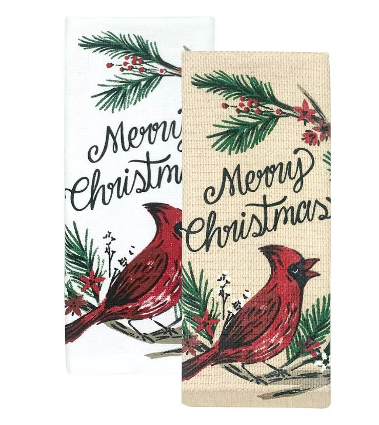 brown kitchen towels that reads merry christmas with an image of a red cardinal and holly