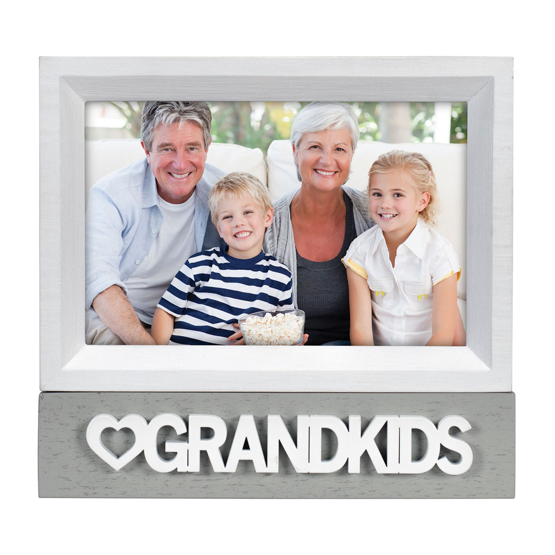 gray wooden picture frame with "grandkids" wording with an image of an older couple with two young children