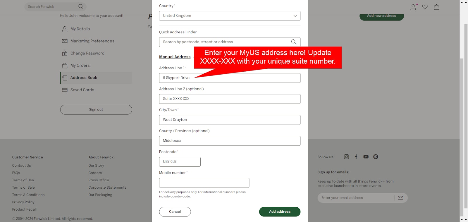 Add MyUS Address to Fenwick Member Checkout