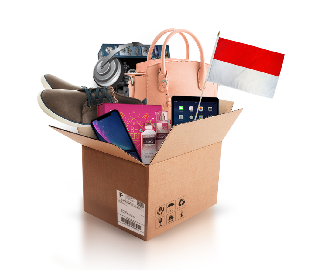 box with various products and the flag of indonesia