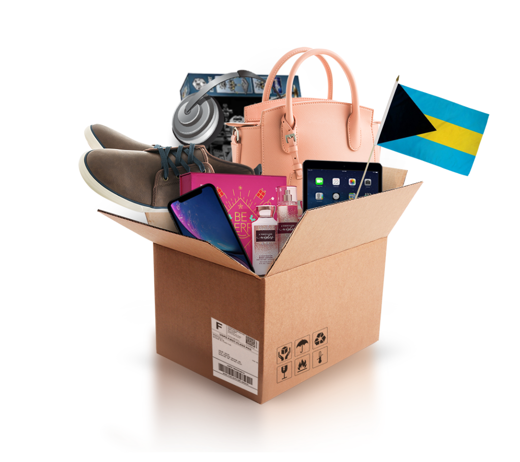 box with various products and the flag of bahamas