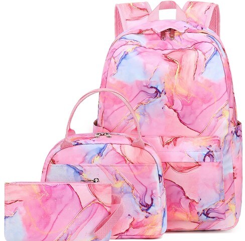 Pink marble design Bluboon 3 in 1 backpack set consisting of a backpack, a lunchbox, and a pencil bag.