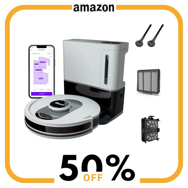 A silver robot vacuum with accesories