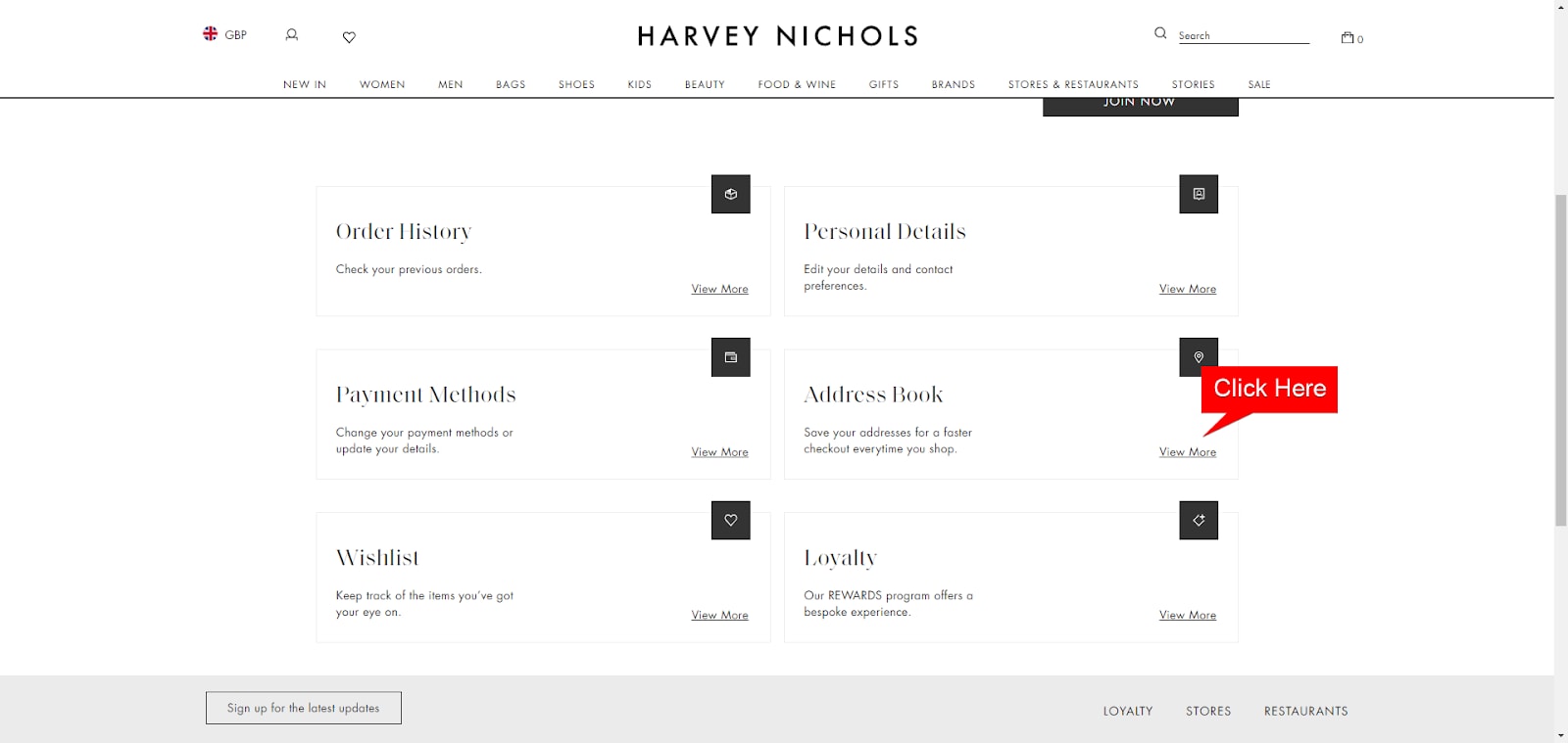 Harvey Nichols Account Information