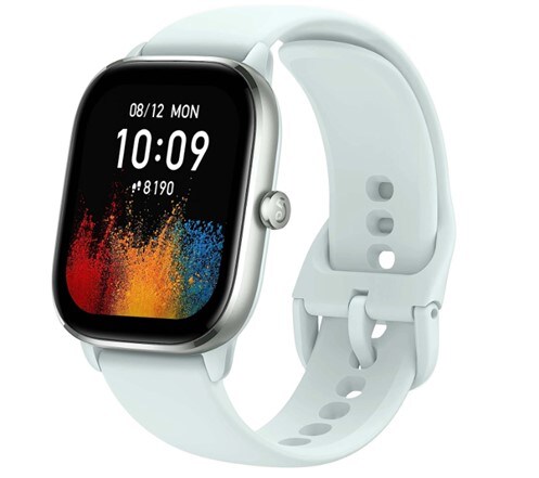 A light blue Amazfit GTS 4 Mini smart watch with a colorful wallpaper