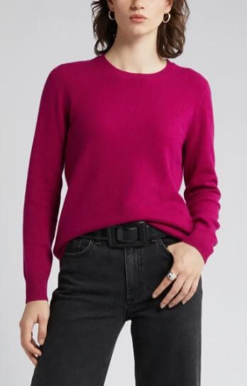 woman wearing pink cashmere sweater from Nordstrom