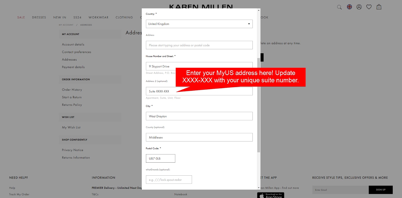 Add MyUS Address to Karen Millen Member Checkout