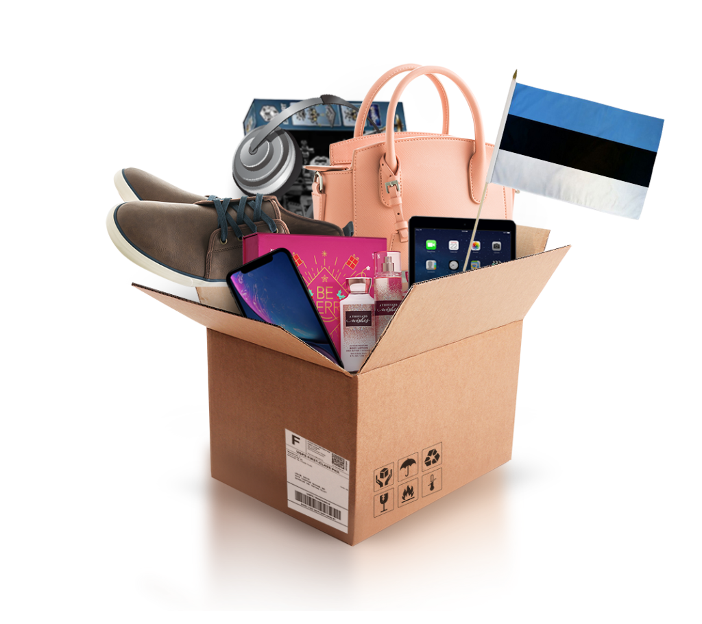 box with various products and the flag of estonia
