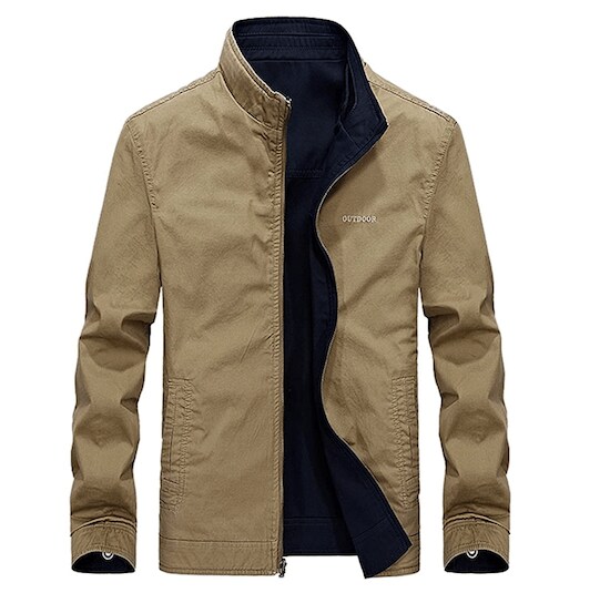 A dark blue and khaki Real Spark Men’s Casual Reversible Cotton Lightweight Military Windbreaker Jacket