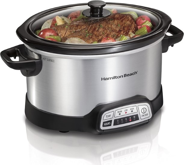  Hamilton Beach 4-qt programmable slow cooker in grey and black, and a glass lid