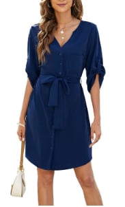 BMJL Womens Button Down Dress Summer V Neck 3/4 Sleeve Tie Waist Business Casual Work Mini Shirt Dresses Medium Blue